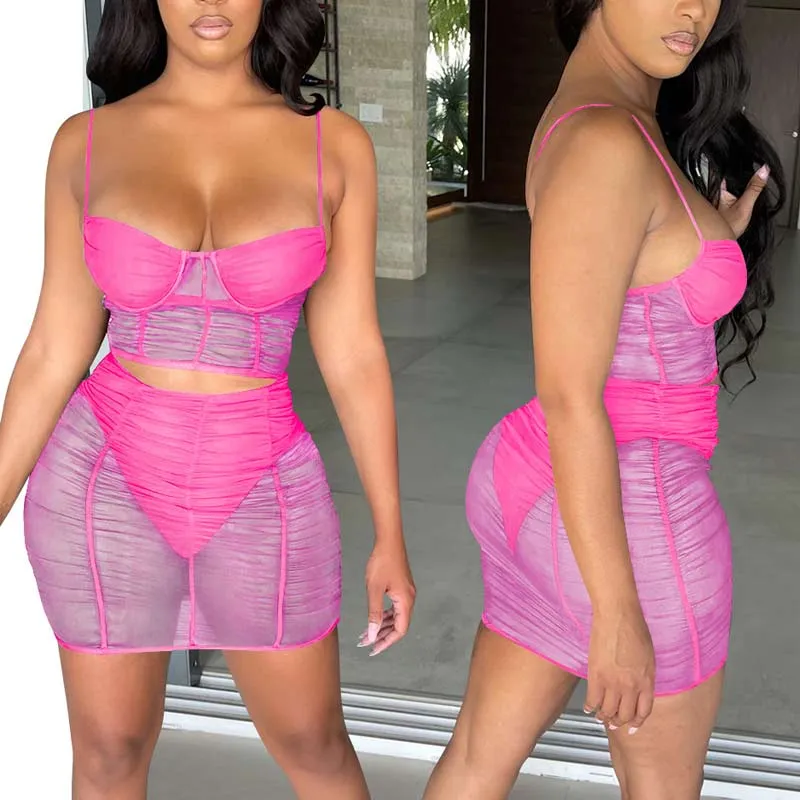 Solid Sleeveless Spaghetti Strap Sheer Mesh Two Piece Skirt Set