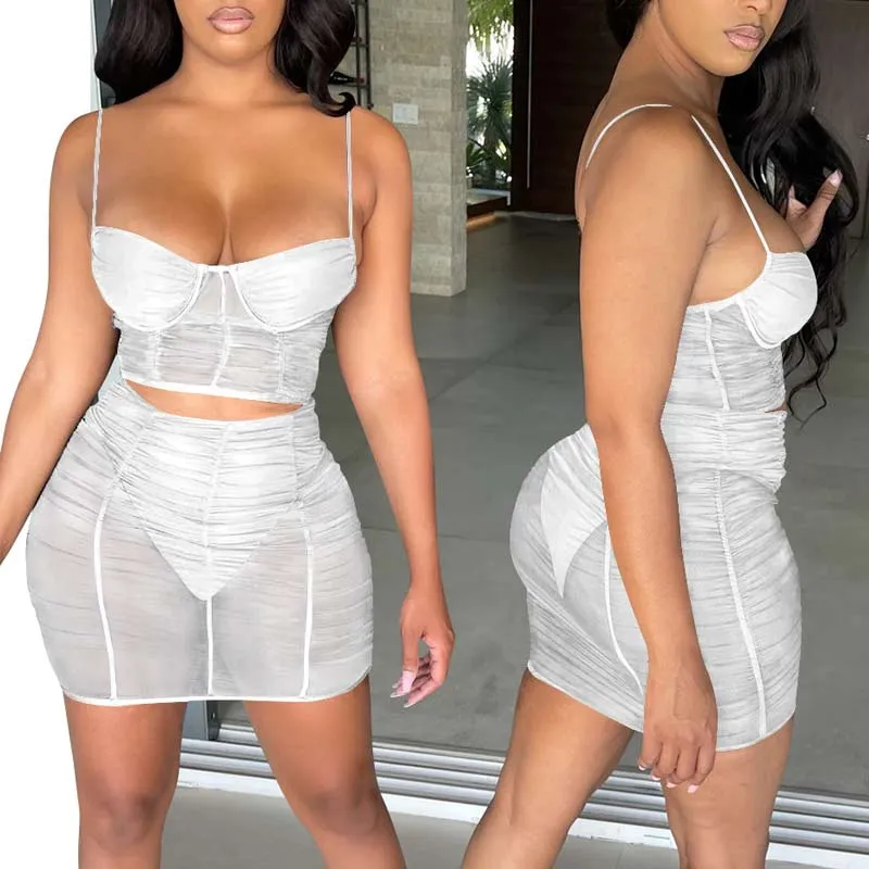 Solid Sleeveless Spaghetti Strap Sheer Mesh Two Piece Skirt Set