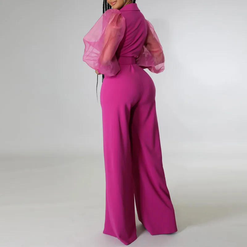 Solid V-Neck Lantern Sleeve Sheer Mesh Wide Leg Jumpsuit