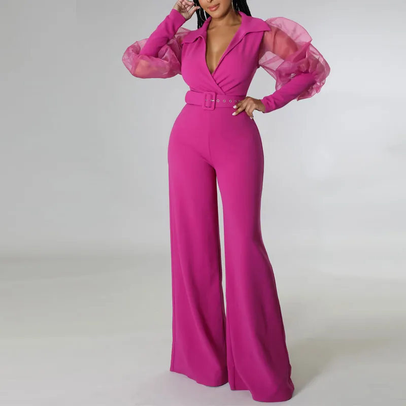 Solid V-Neck Lantern Sleeve Sheer Mesh Wide Leg Jumpsuit