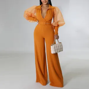 Solid V-Neck Lantern Sleeve Sheer Mesh Wide Leg Jumpsuit