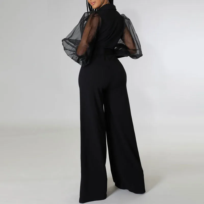 Solid V-Neck Lantern Sleeve Sheer Mesh Wide Leg Jumpsuit
