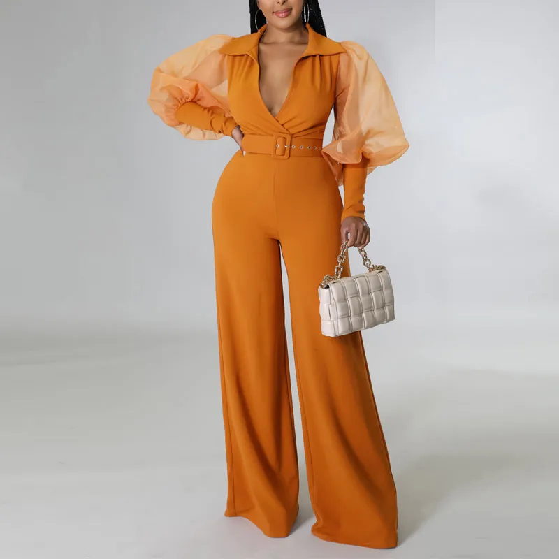 Solid V-Neck Lantern Sleeve Sheer Mesh Wide Leg Jumpsuit