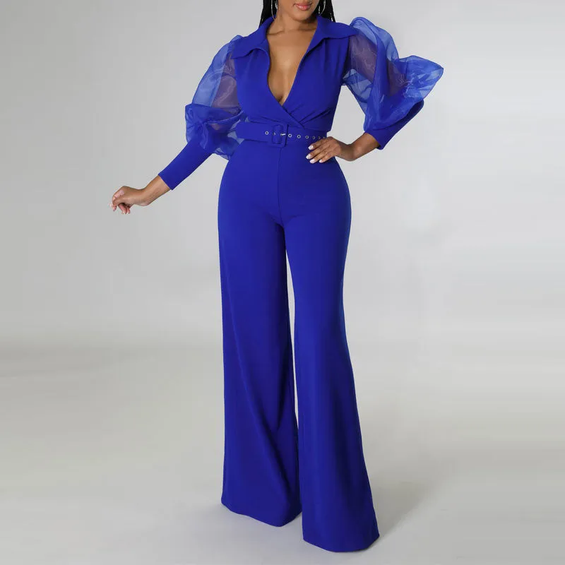 Solid V-Neck Lantern Sleeve Sheer Mesh Wide Leg Jumpsuit