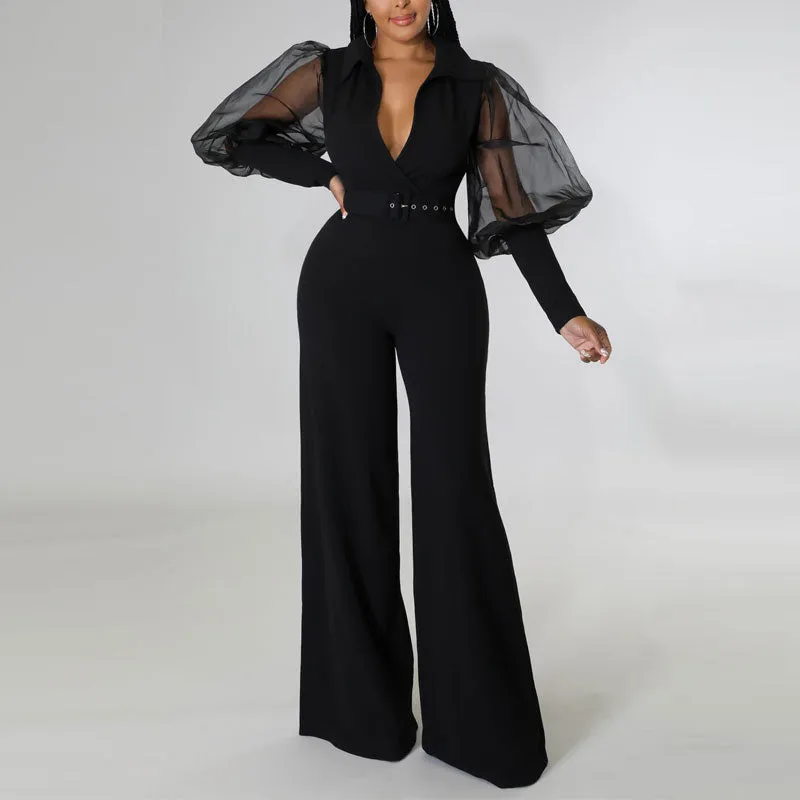 Solid V-Neck Lantern Sleeve Sheer Mesh Wide Leg Jumpsuit