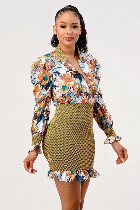 Spring Floral Mesh Contrast Ruffle mini dress