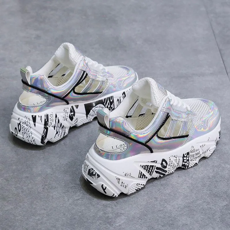 Spring  Summer Net Shoes Women's Wild Casual Breathable Sports Shoes Thick-soled Increased Shoes Non-slip Lace Running Shoes