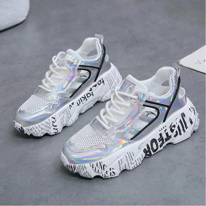 Spring  Summer Net Shoes Women's Wild Casual Breathable Sports Shoes Thick-soled Increased Shoes Non-slip Lace Running Shoes
