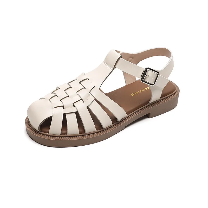 Summer Flat Sandals Large Retro Braided Thick Sole Toe Women's Shoes