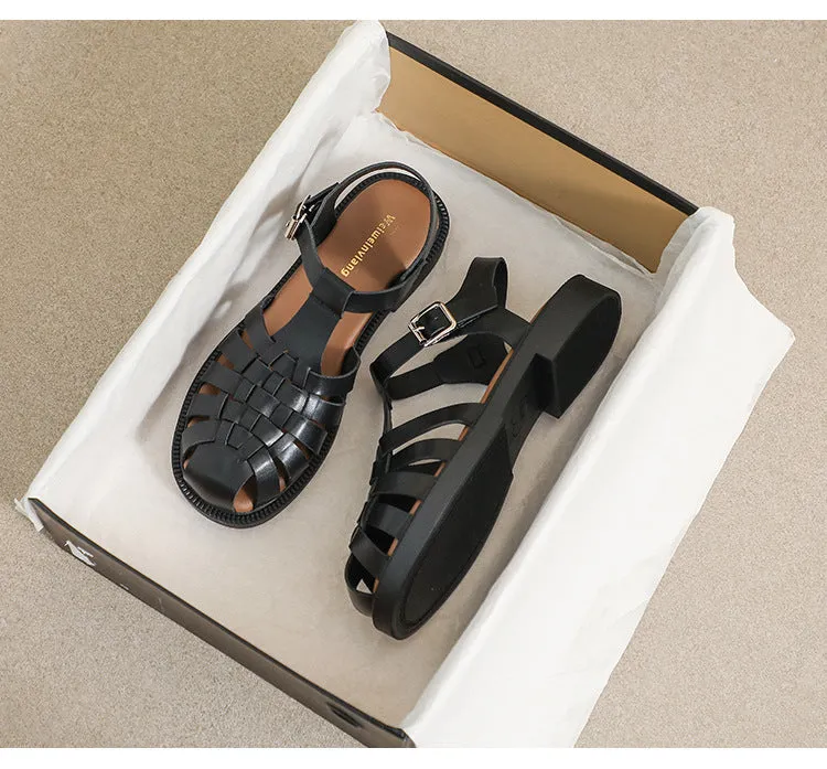 Summer Flat Sandals Large Retro Braided Thick Sole Toe Women's Shoes