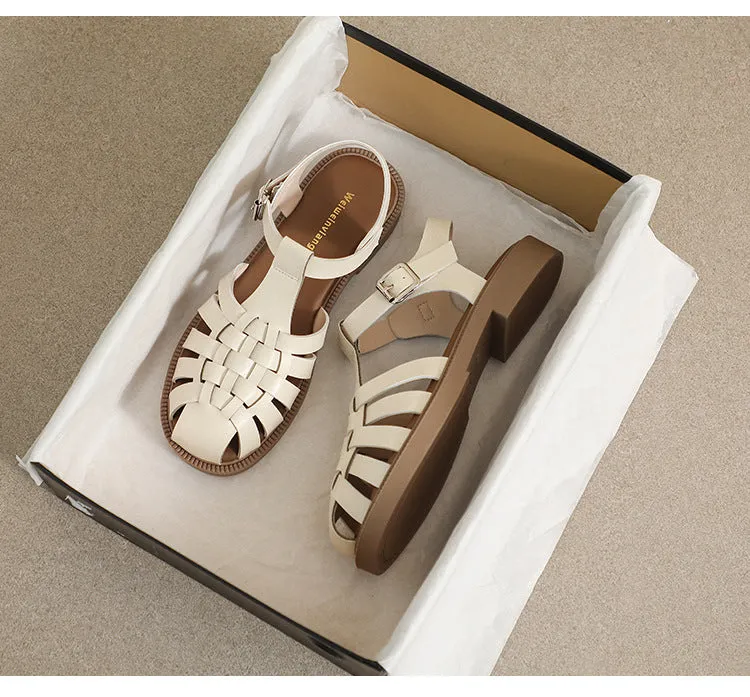 Summer Flat Sandals Large Retro Braided Thick Sole Toe Women's Shoes