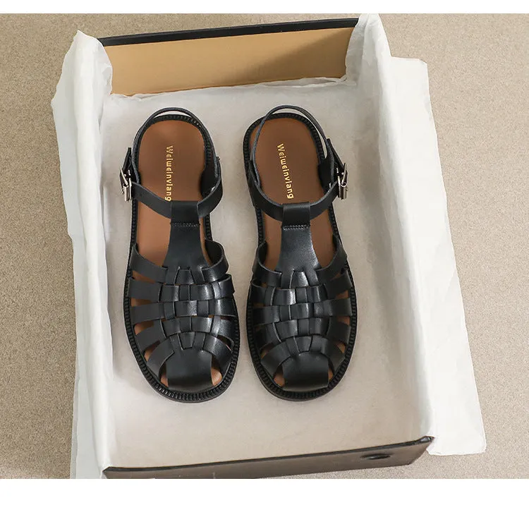 Summer Flat Sandals Large Retro Braided Thick Sole Toe Women's Shoes