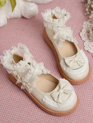 Sweet Lolita Footwear Black Grommets Ruffles Bows PU Leather Chunky Heel Lolita Shoes
