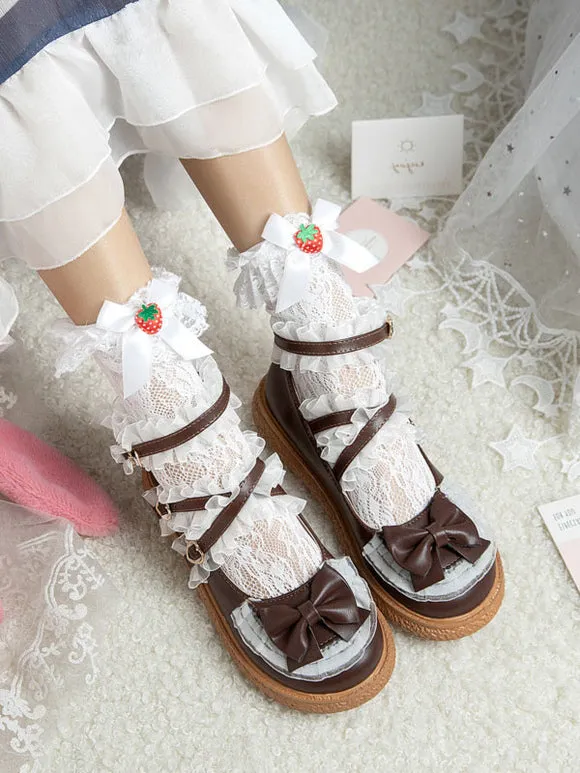 Sweet Lolita Footwear Black Grommets Ruffles Bows PU Leather Chunky Heel Lolita Shoes