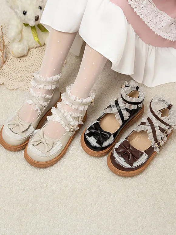 Sweet Lolita Footwear Black Grommets Ruffles Bows PU Leather Chunky Heel Lolita Shoes