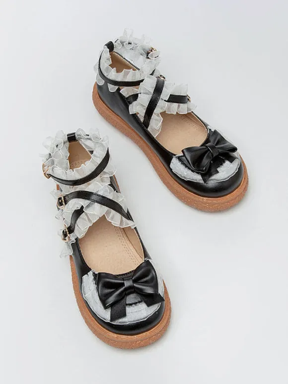 Sweet Lolita Footwear Black Grommets Ruffles Bows PU Leather Chunky Heel Lolita Shoes