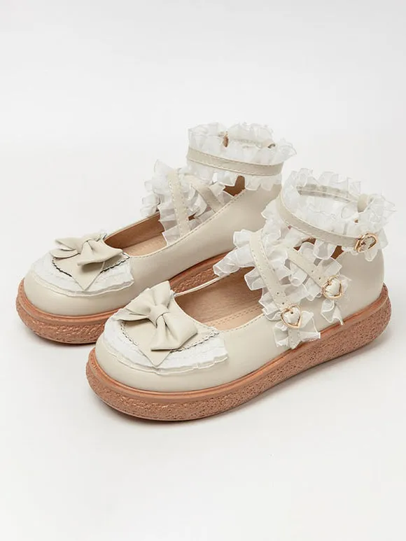 Sweet Lolita Footwear Black Grommets Ruffles Bows PU Leather Chunky Heel Lolita Shoes