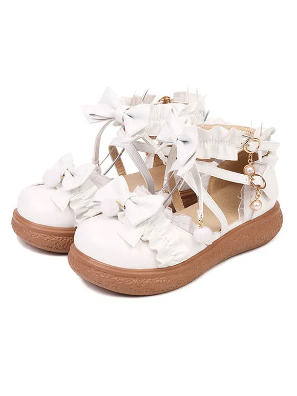 Sweet Lolita Footwear White Bows Ruffles PU Leather Flat Lolita Shoes