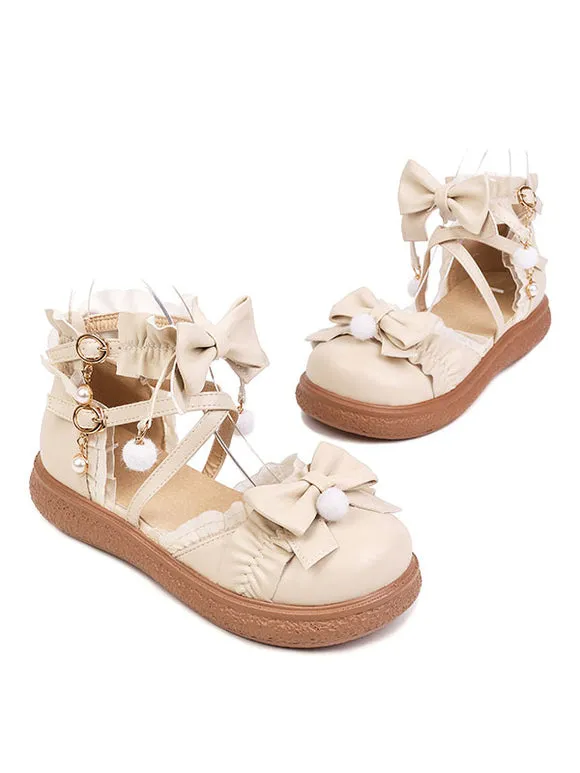 Sweet Lolita Footwear White Bows Ruffles PU Leather Flat Lolita Shoes