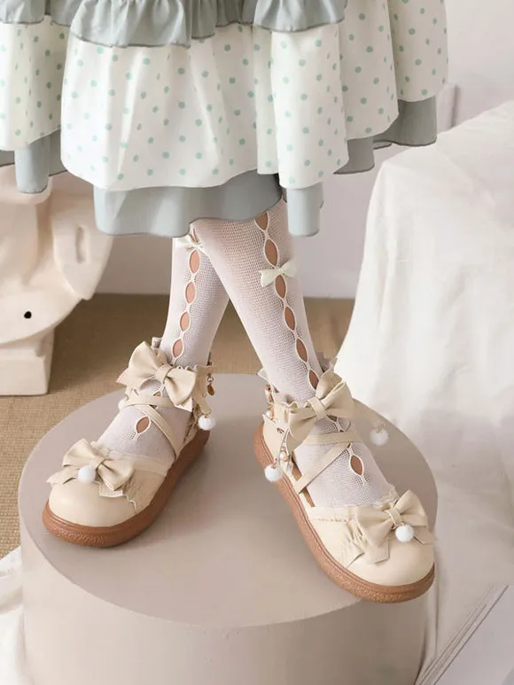 Sweet Lolita Footwear White Bows Ruffles PU Leather Flat Lolita Shoes
