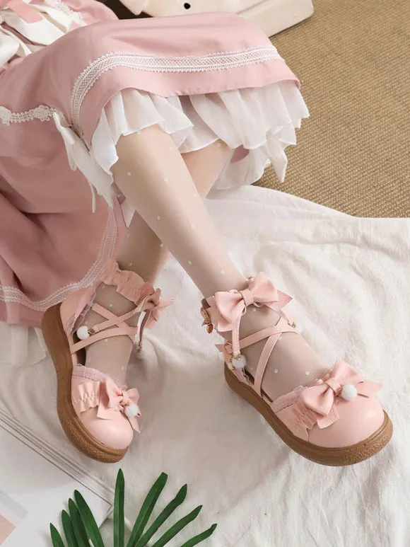 Sweet Lolita Footwear White Bows Ruffles PU Leather Flat Lolita Shoes