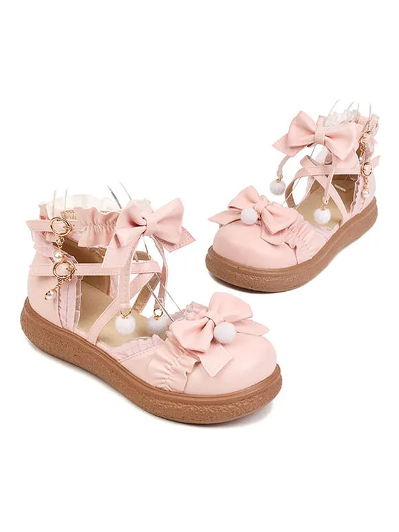 Sweet Lolita Footwear White Bows Ruffles PU Leather Flat Lolita Shoes