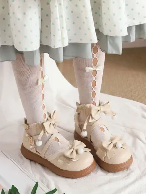 Sweet Lolita Footwear White Bows Ruffles PU Leather Flat Lolita Shoes