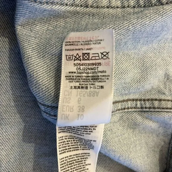 Topshop Moto Denim Jacket 100% Cotton, Classic Light Wash Utility Pockets Size 6