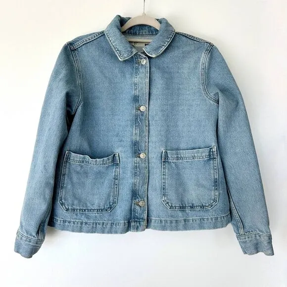 Topshop Moto Denim Jacket 100% Cotton, Classic Light Wash Utility Pockets Size 6