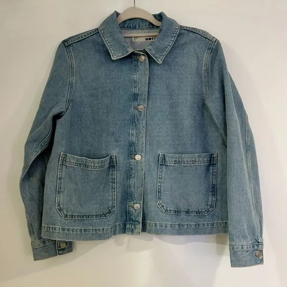 Topshop Moto Denim Jacket 100% Cotton, Classic Light Wash Utility Pockets Size 6