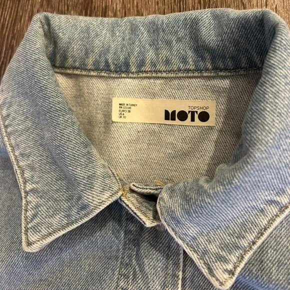 Topshop Moto Denim Jacket 100% Cotton, Classic Light Wash Utility Pockets Size 6