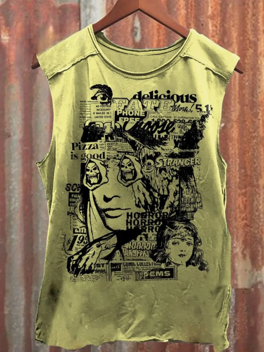 Unisex Retro Yellow Skull Girl Print Casual Tank Top