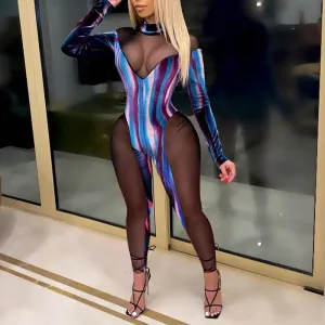Velvet Print Sheer Mesh Patchwork Long Sleeve Jumpsuit
