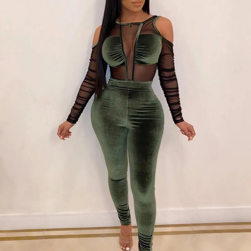Velvet Sheer Mesh Patchwork Cold Shoulder 2PCS Pants Set