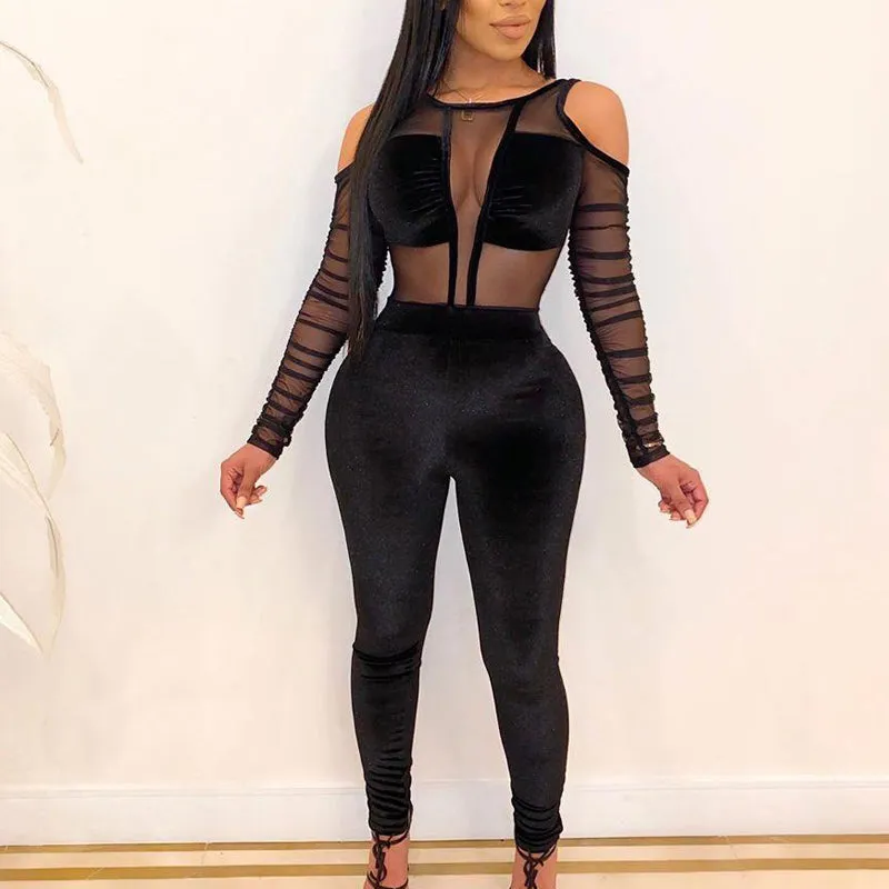 Velvet Sheer Mesh Patchwork Cold Shoulder 2PCS Pants Set