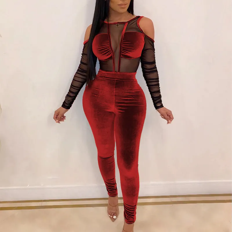 Velvet Sheer Mesh Patchwork Cold Shoulder 2PCS Pants Set
