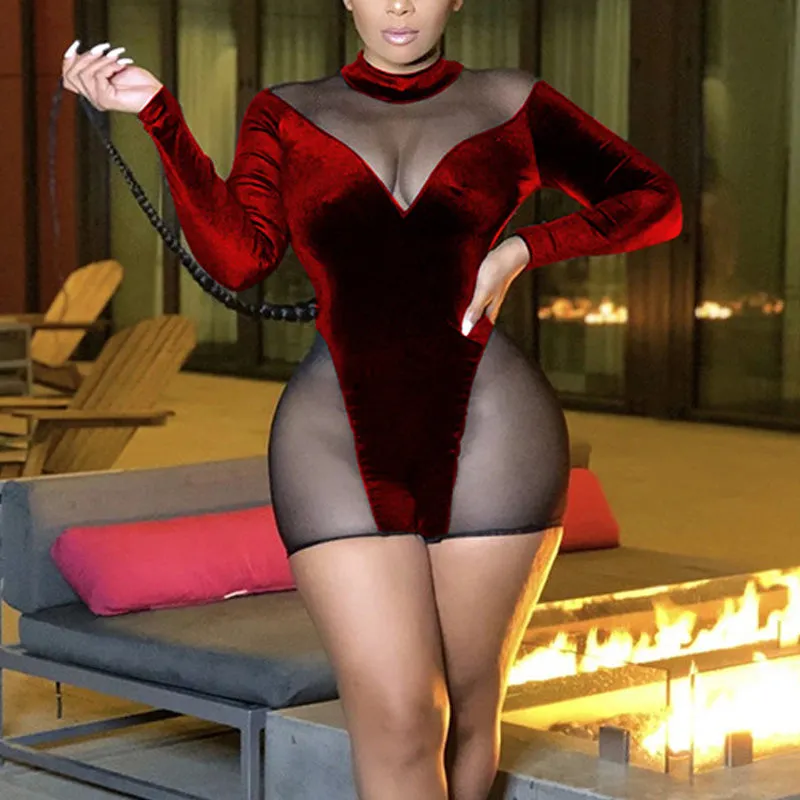 Velvet Sheer Mesh Patchwork V-Neck Long Sleeve Romper