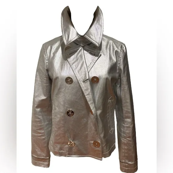 VINTAGE RALPH LAUREN METALLIC SILVER COTTON WAXED CANVAS NAUTICAL PEA COAT SZ M