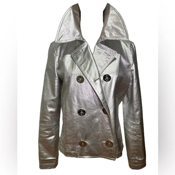 VINTAGE RALPH LAUREN METALLIC SILVER COTTON WAXED CANVAS NAUTICAL PEA COAT SZ M