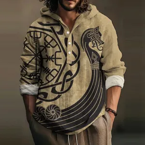 Vintage Tribal Viking Totem Print Linen Blend Hoodie Shirt