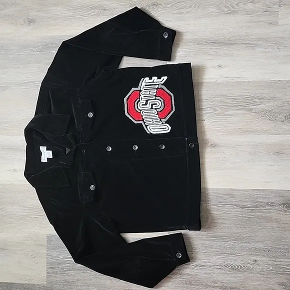 Vintage Womens Belle Pointe 100% Cotton Velvet Ohio State Jacket Black Sz Lg
