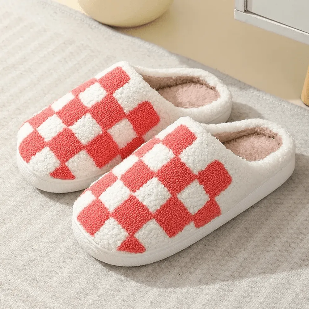 Warm & Cozy Checkered Print Plush Slide Slippers