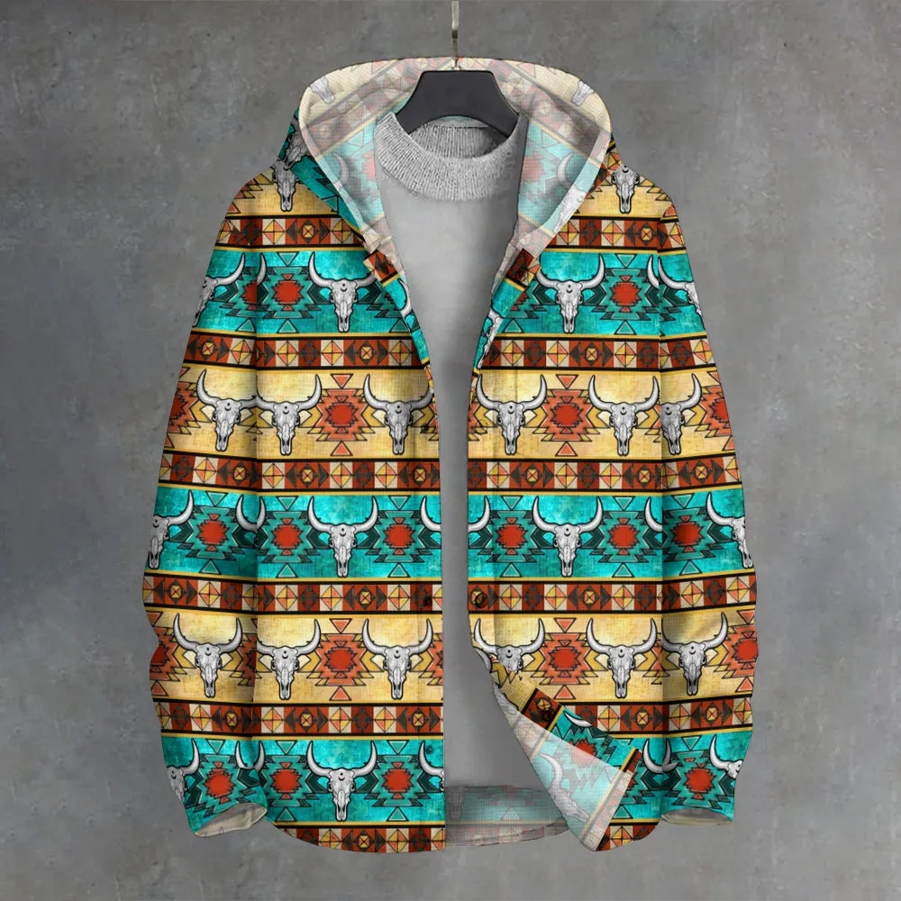 Western Bull Skull Vintage Button Cardigan Hoodie 2410003889