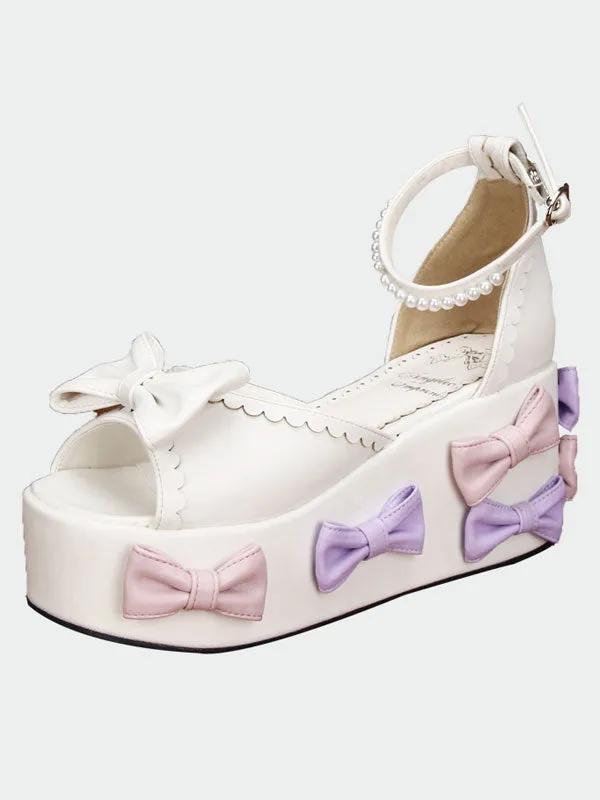 White Lolita Sandals High Platform Bows Pearls Decor Ankle Strap
