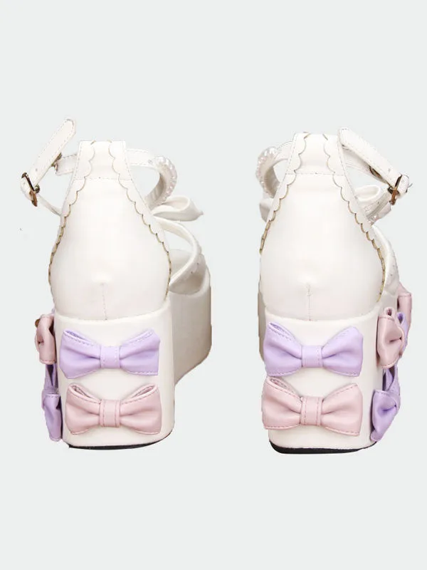 White Lolita Sandals High Platform Bows Pearls Decor Ankle Strap