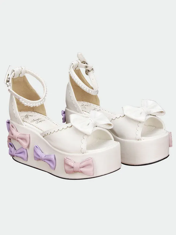 White Lolita Sandals High Platform Bows Pearls Decor Ankle Strap