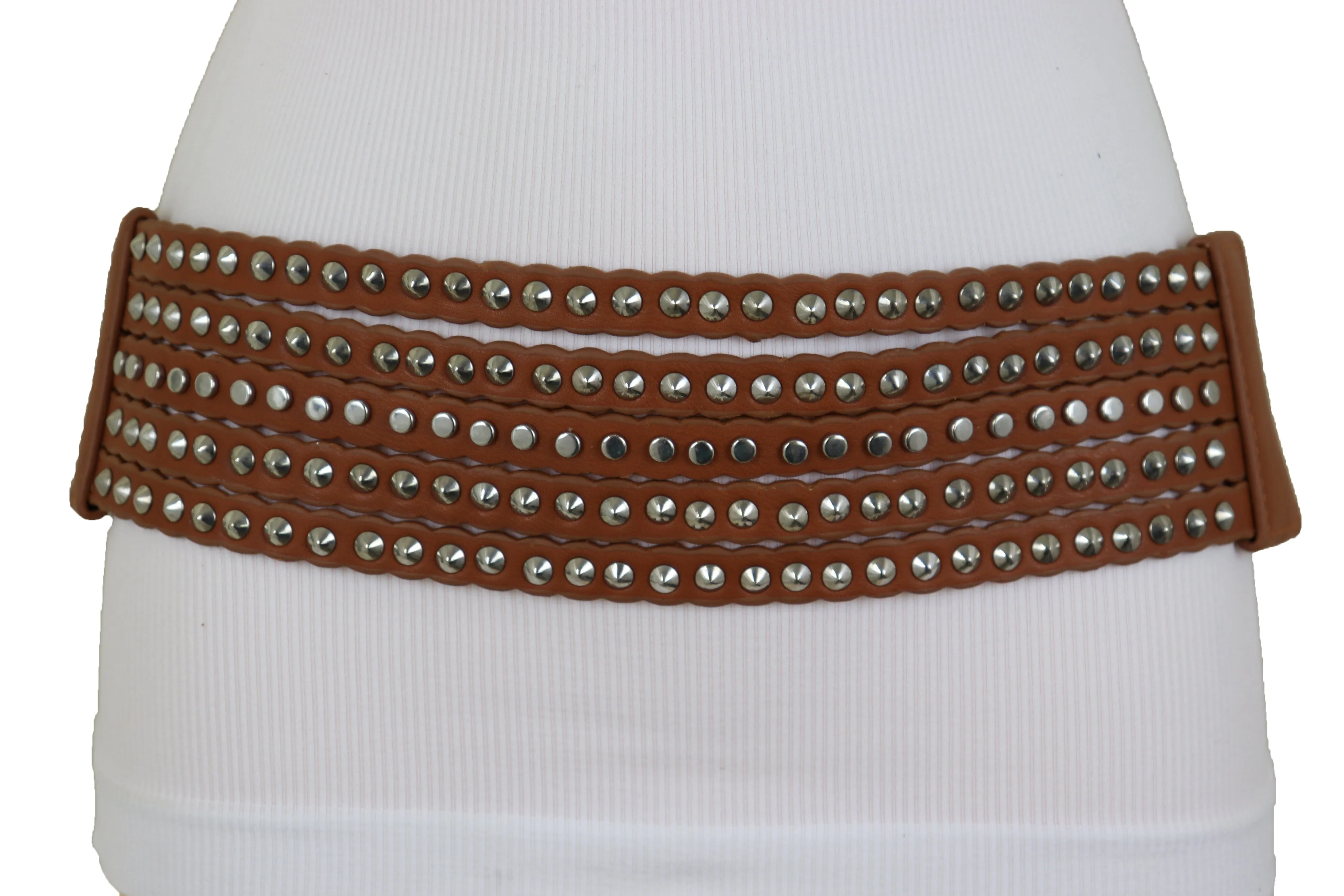 Wide Elastic Strap Brown Faux Leather Belt Silver Metal Studs Spikes S M