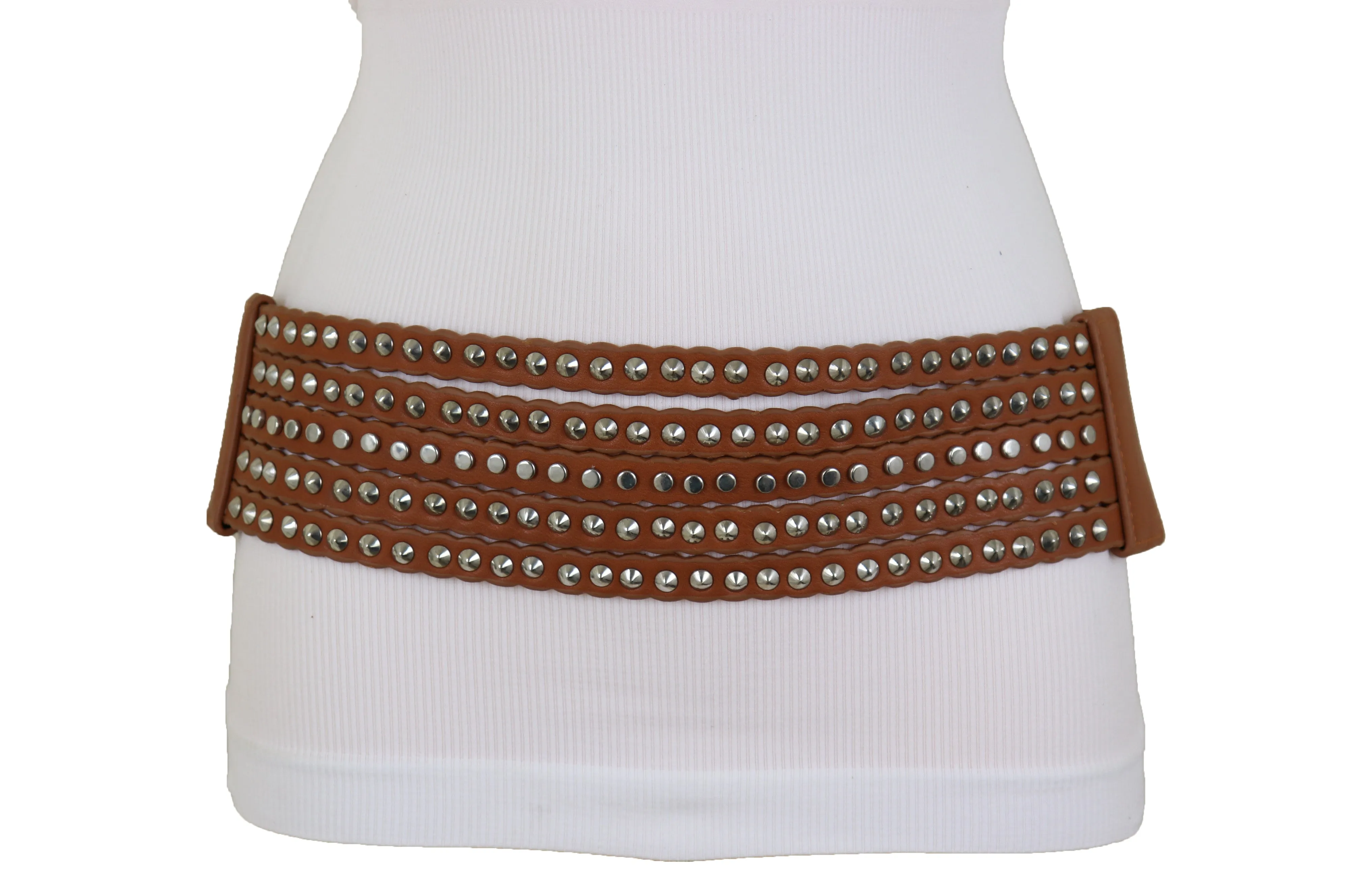 Wide Elastic Strap Brown Faux Leather Belt Silver Metal Studs Spikes S M