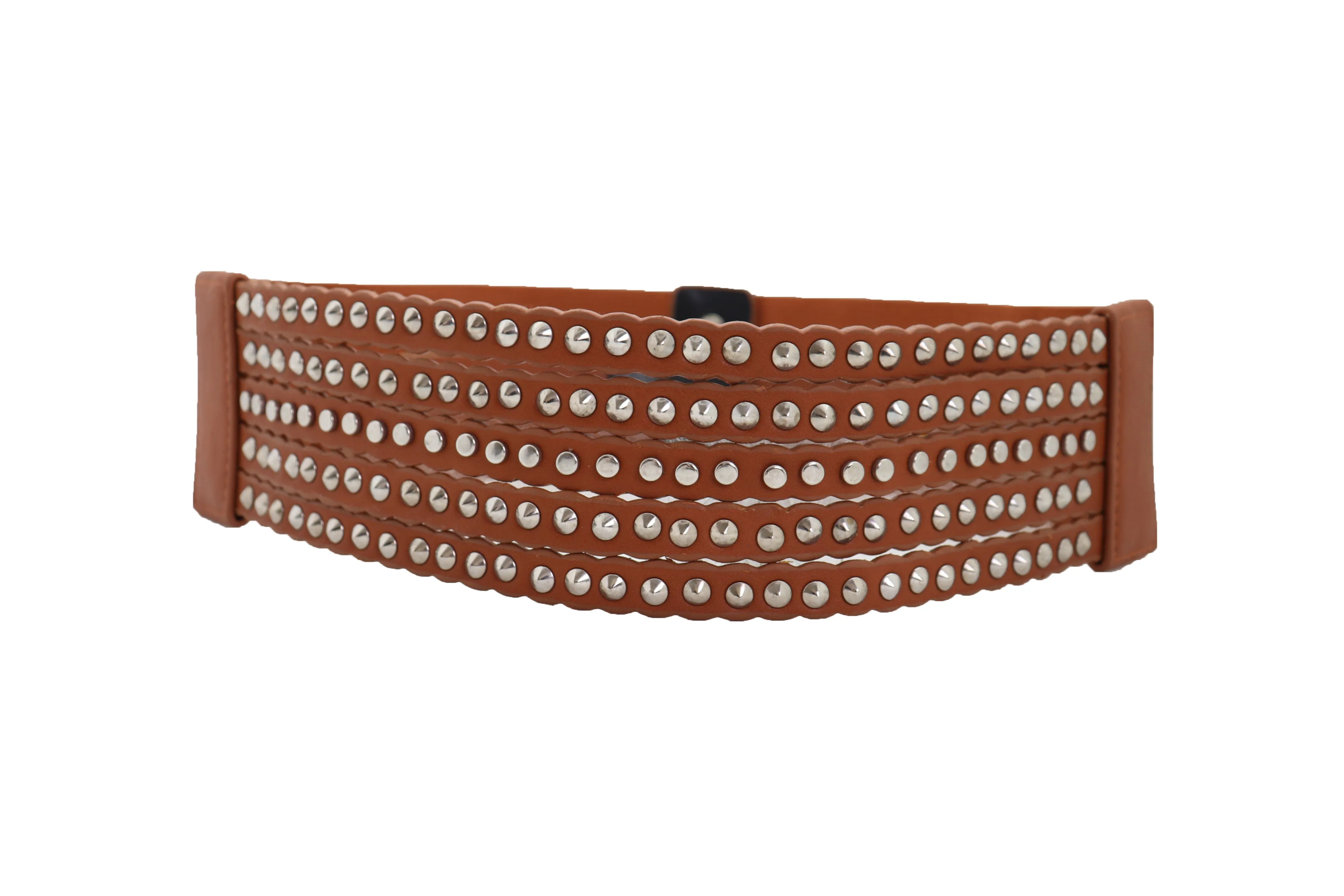 Wide Elastic Strap Brown Faux Leather Belt Silver Metal Studs Spikes S M