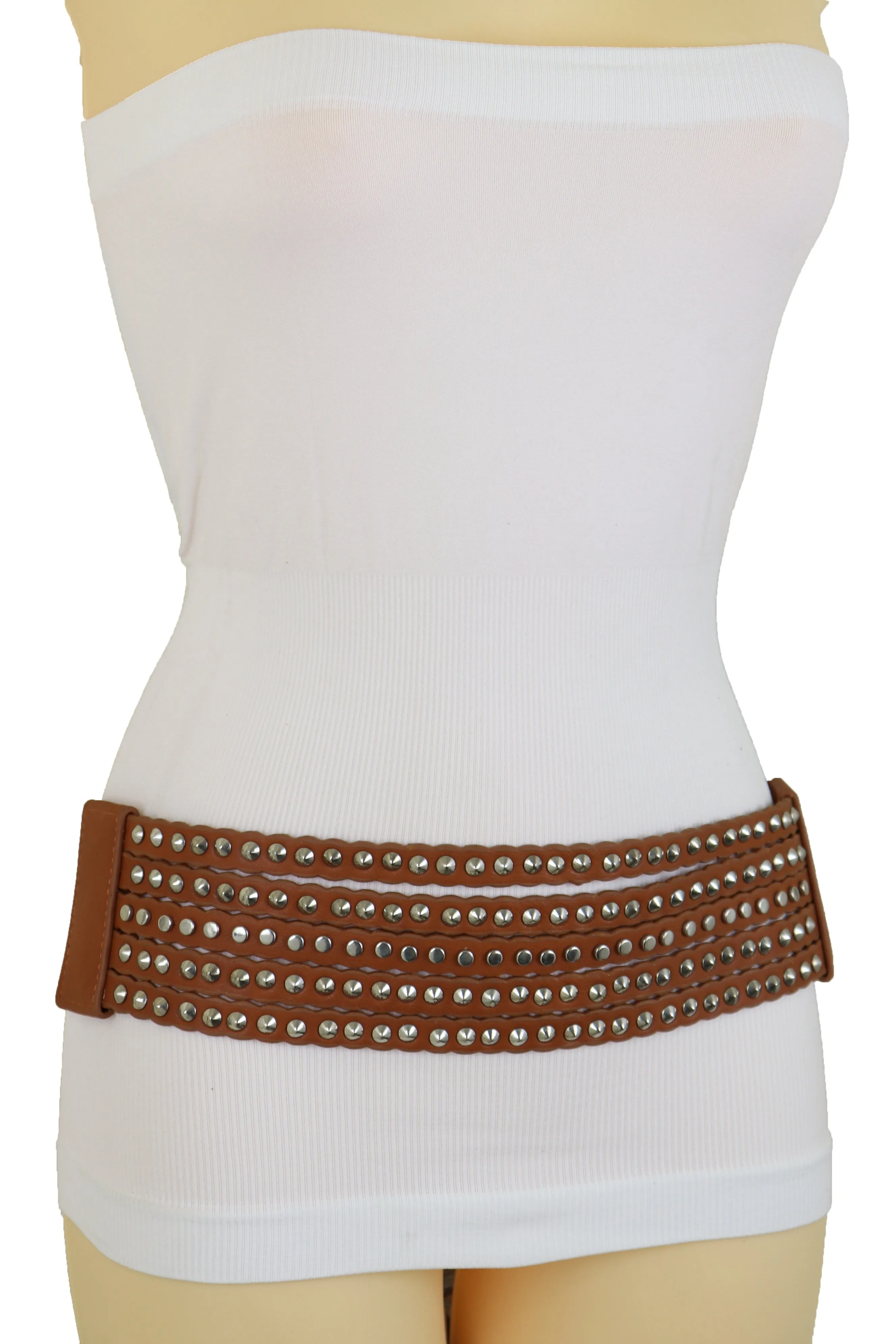Wide Elastic Strap Brown Faux Leather Belt Silver Metal Studs Spikes S M